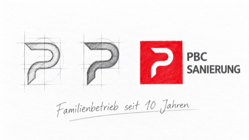 Entwurfsskizzen des PBC-Logos neben dem fertigen Zeichen mit dem Schriftzug PBC Sanierung und der handschriftlichen Notiz „Familienbetrieb seit 10 Jahren“